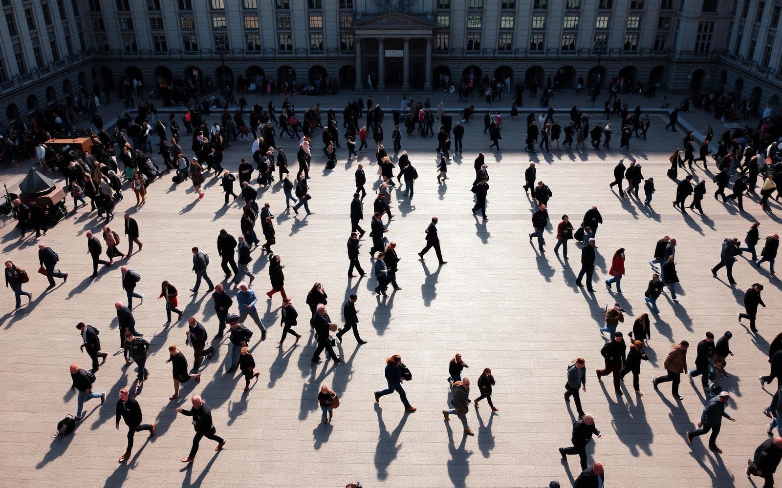 Foule vue de haut traversant une grande place