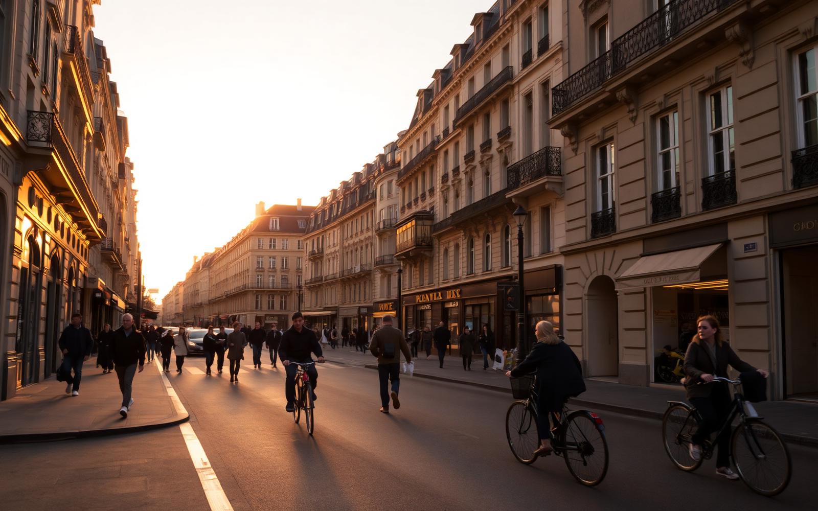 Rue européenne à la lumière dorée avec piétons et cyclistes
