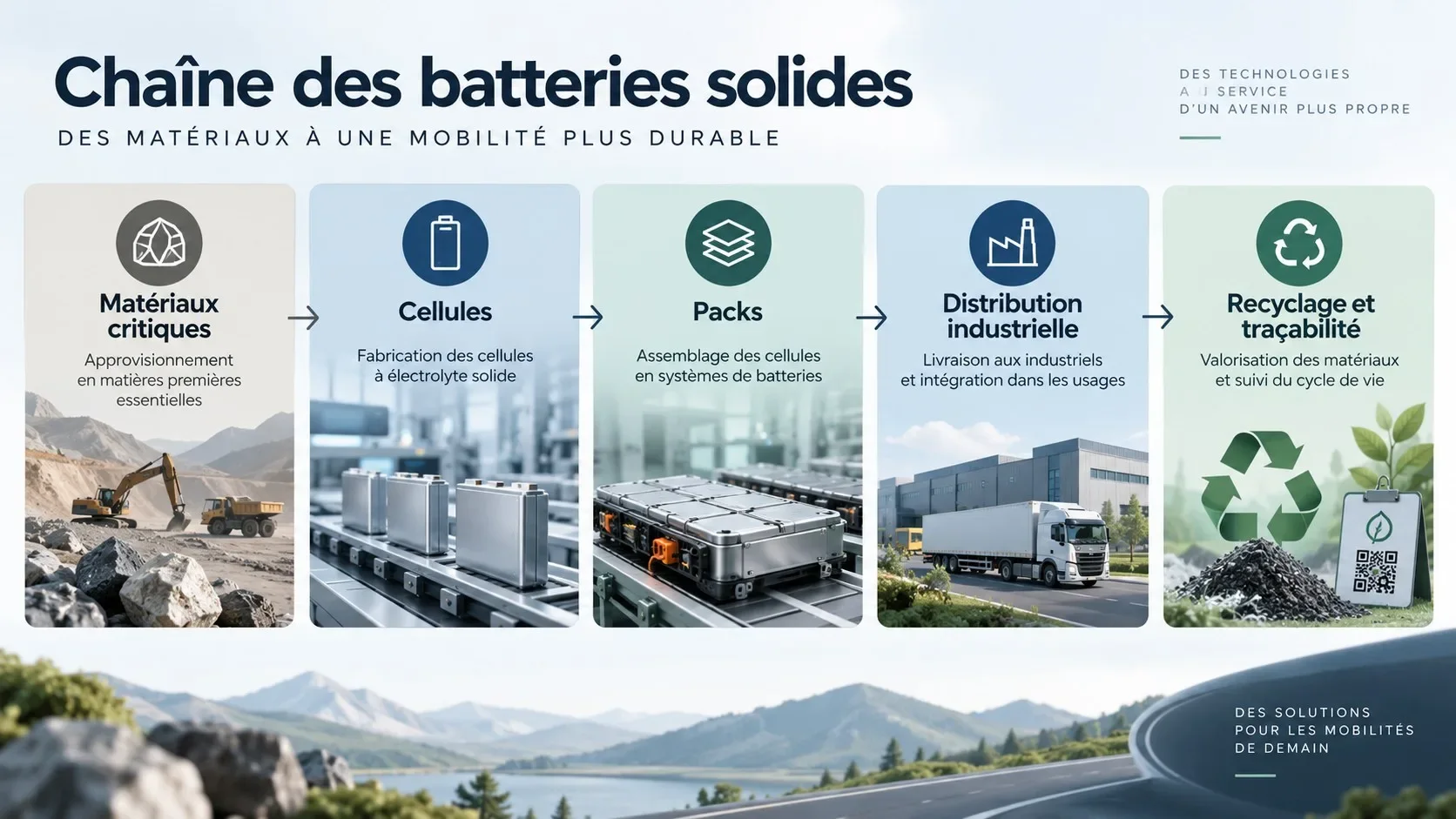 Infographie résumant les principaux maillons de la chaîne des batteries solides.