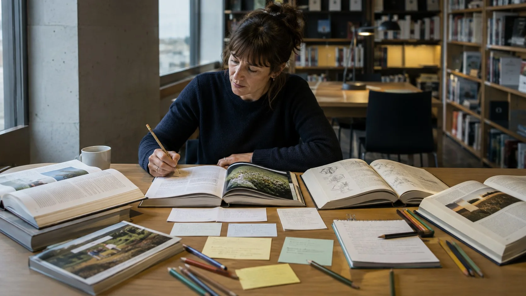 Lecteur comparant différents types de livres sur l’agriculture avec des notes.