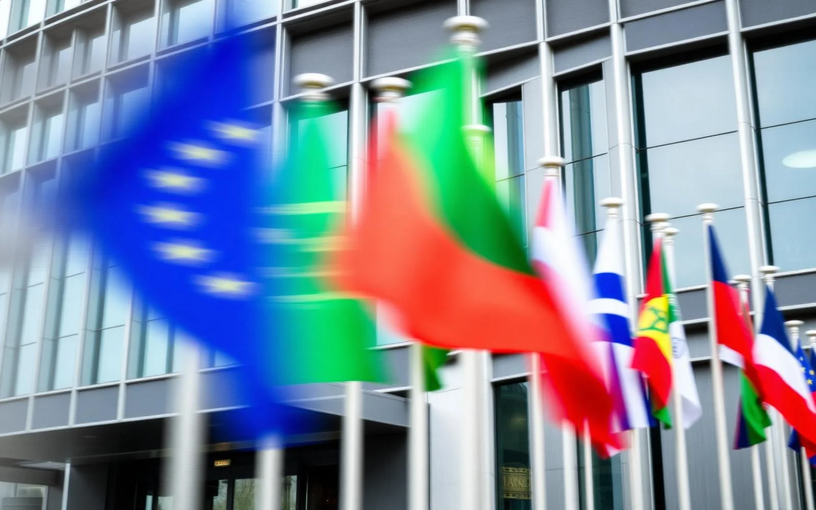 Drapeaux européens flous devant une façade institutionnelle