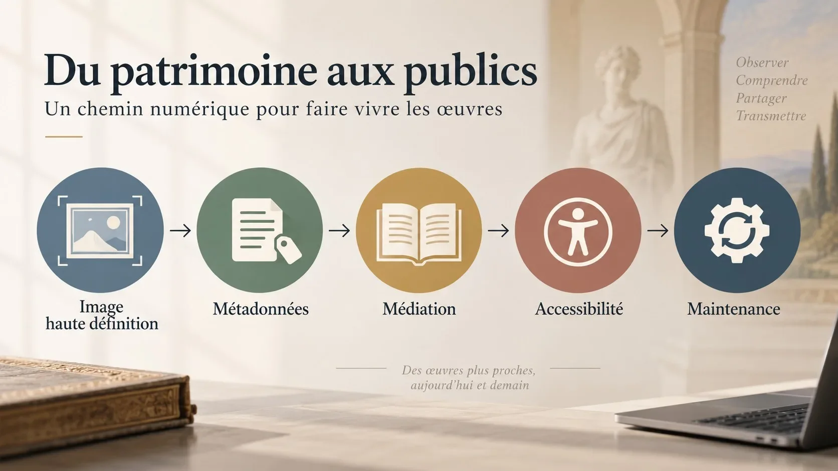 Infographie présentant les étapes qui transforment une œuvre numérisée en ressource culturelle réellement accessible.