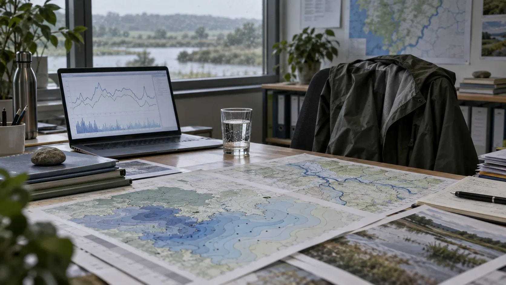 Des documents de suivi hydrologique posés sur une table de travail dans un bureau.