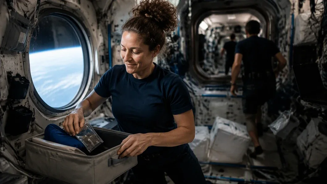 Astronaute rangeant ses effets dans un module de station spatiale avant son retour