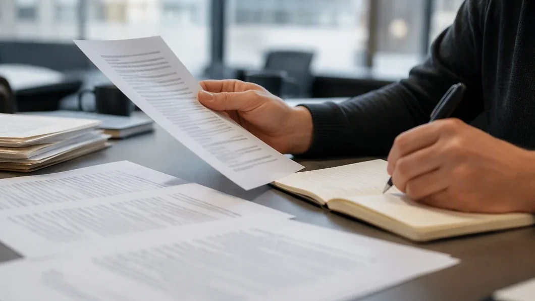 Une main compare des documents illisibles et prend des notes dans un carnet.