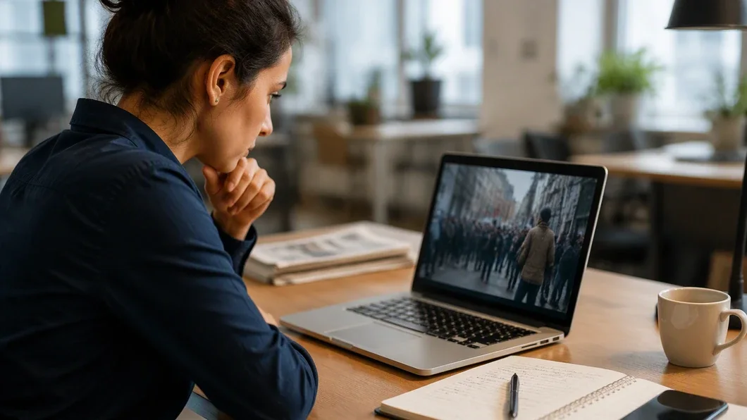 Une personne examine une vidéo sur ordinateur et prend des notes pour en vérifier le contexte