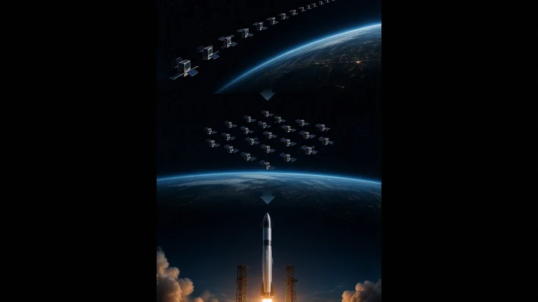 Illustration des trois niveaux du vol 14 de Starship, du lanceur à la constellation de satellites
