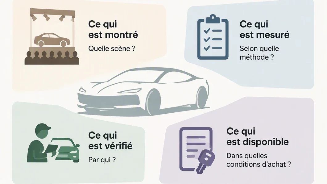 Infographie distinguant ce qui est montré, mesuré, vérifié et effectivement disponible pour un véhicule.