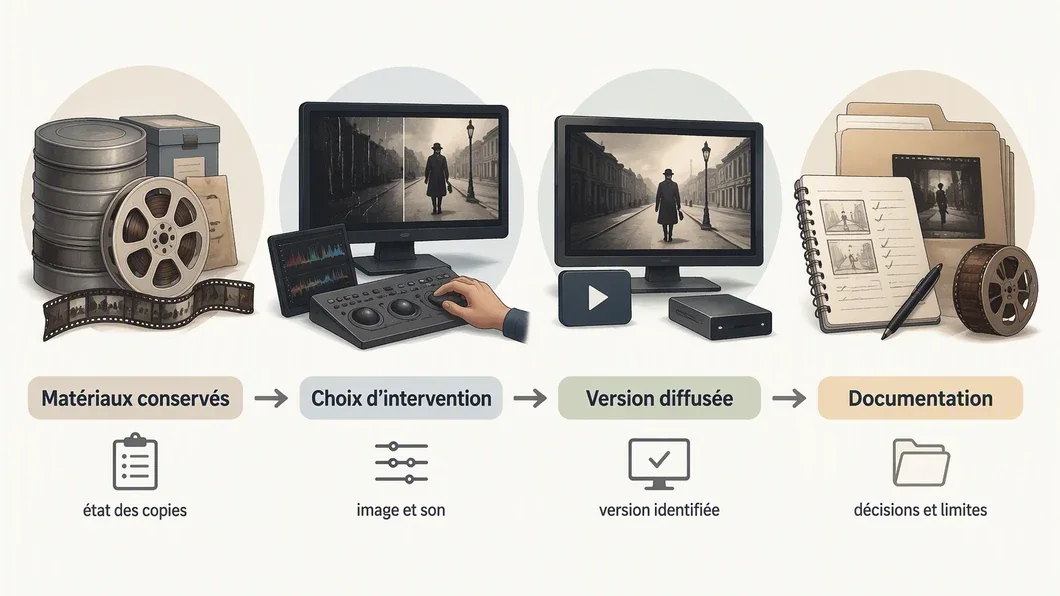 Infographie des étapes d’une restauration de film, des matériaux conservés à la documentation.
