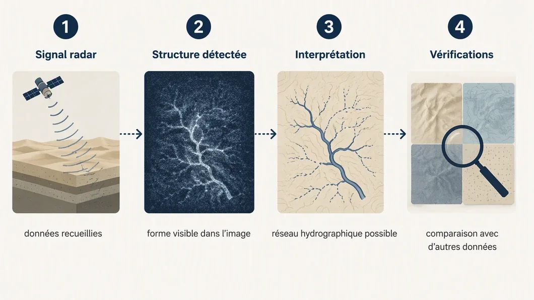 Infographie distinguant le signal radar, la structure détectée, l’interprétation et les vérifications nécessaires.