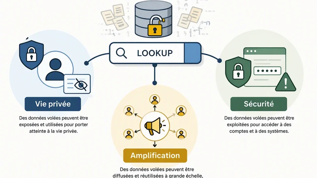 Infographie présentant les risques de vie privée, de sécurité et d’amplification liés aux lookups