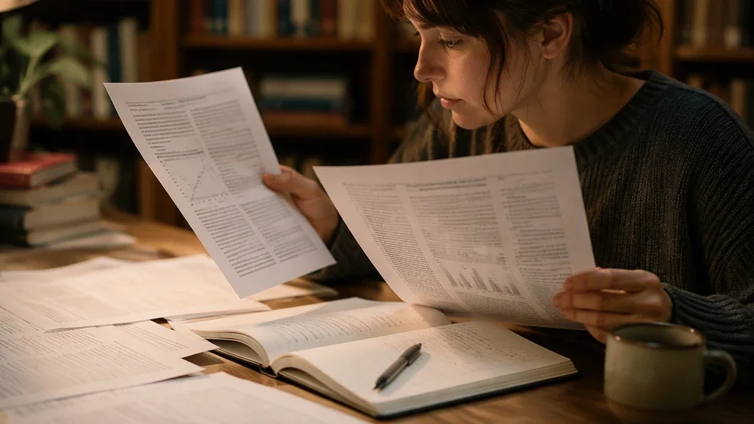 Personne comparant des documents de recherche et prenant des notes à côté d’une tasse de café.