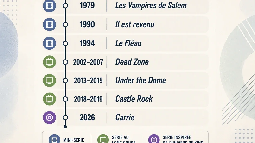 Frise chronologique des adaptations télévisées de Stephen King citées dans l’article, de 1979 à 2026.