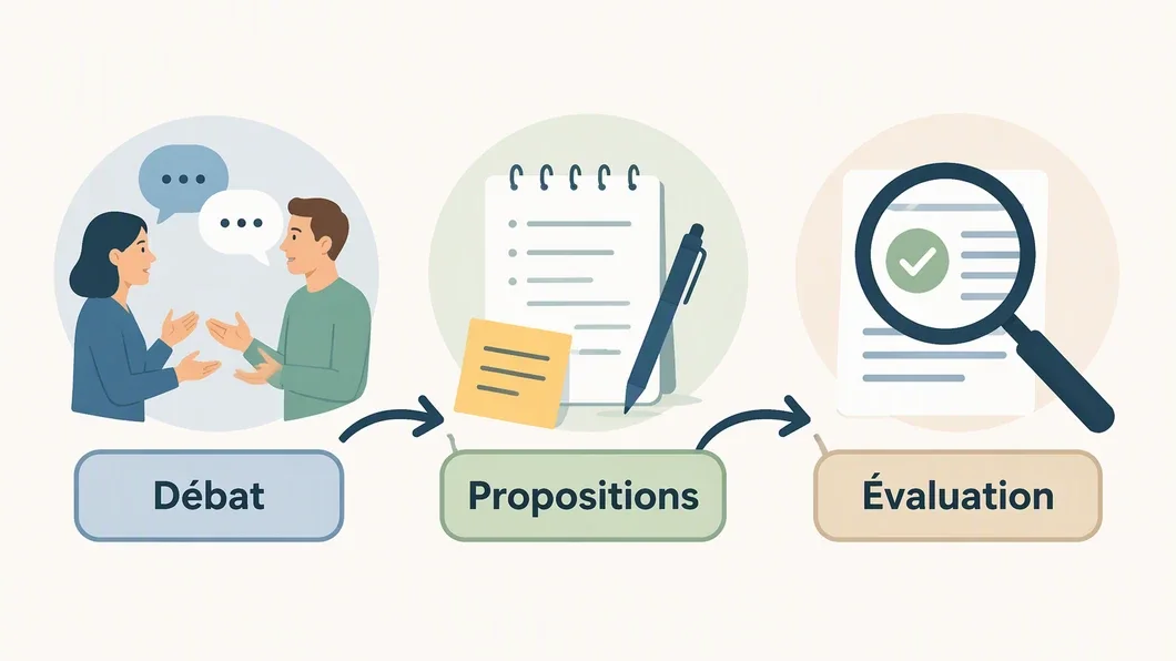 Infographie conceptuelle montrant trois étapes à distinguer : débat, propositions et évaluation.