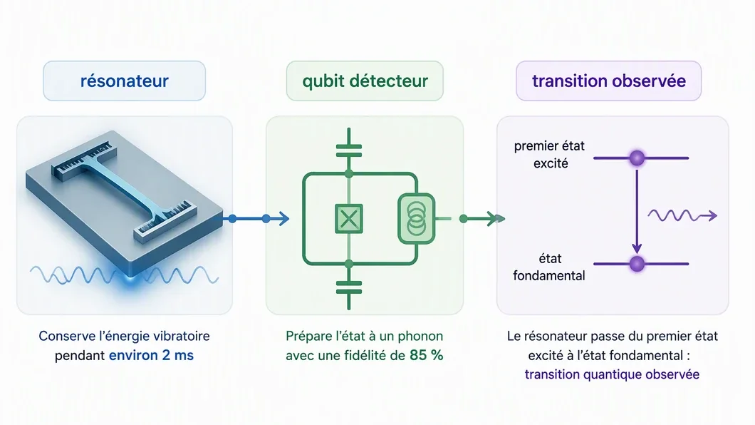 Schéma horizontal du résonateur, du qubit détecteur et de la transition quantique observée.