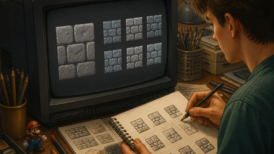 Essais typographiques pixellisés comparés à une texture de pierre sur un écran cathodique.