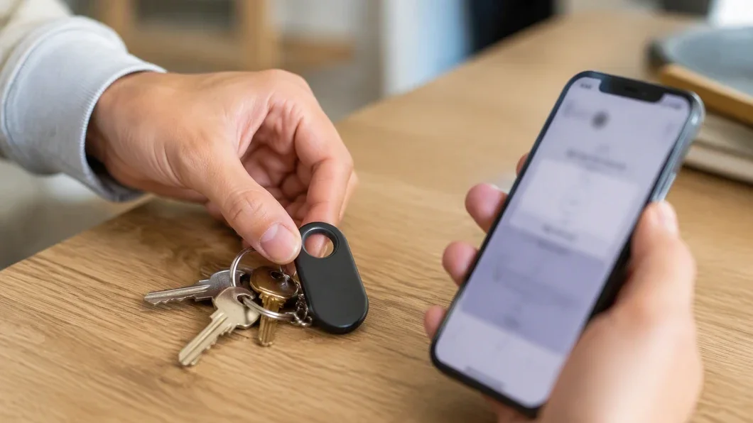 Traqueur Bluetooth posé près de clés à côté d’un smartphone compatible