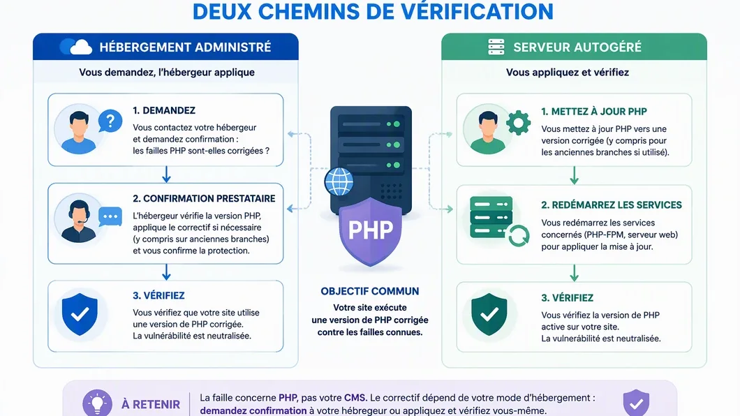 Infographie comparant la vérification d’un correctif PHP chez un hébergeur et sur un serveur autogéré.