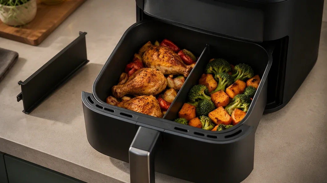 Séparation amovible d’un tiroir d’air fryer à côté de l’appareil ouvert