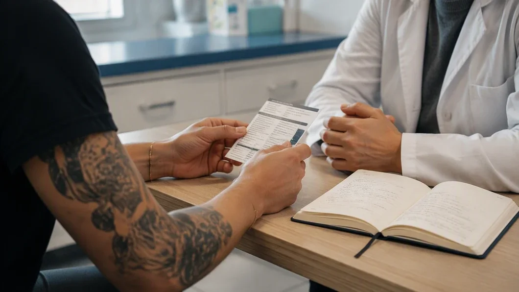 Une personne tatouée présente les informations sur une encre à un professionnel de santé lors d’une consultation.