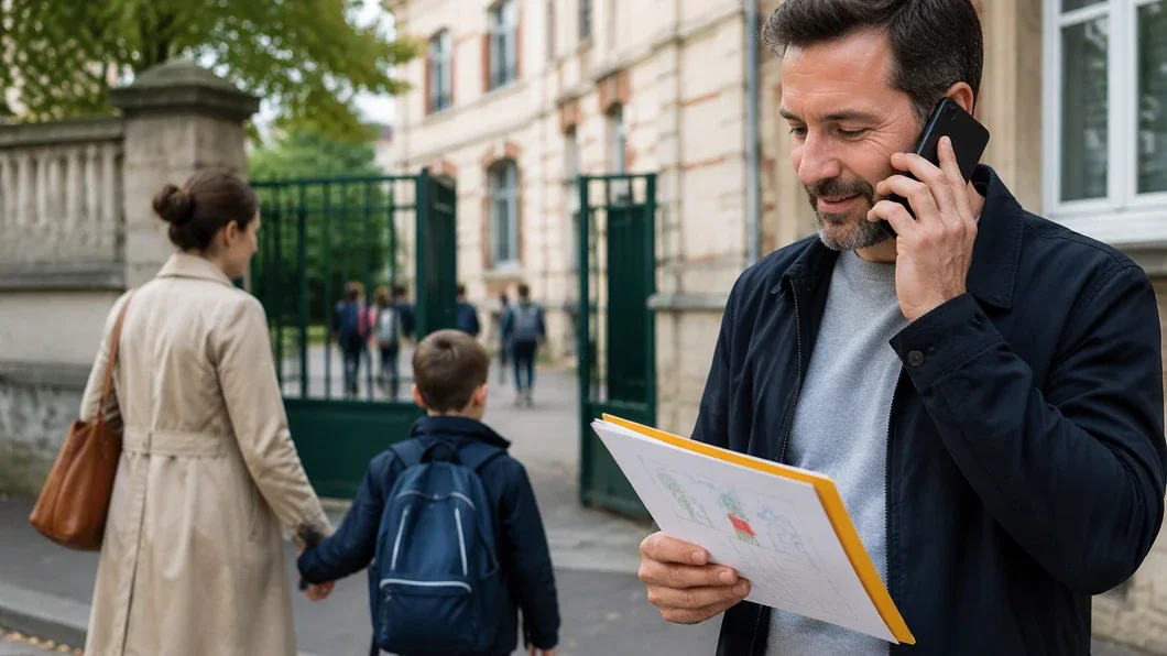 Un parent accompagne un enfant à l’école tandis que l’autre participe à l’organisation familiale
