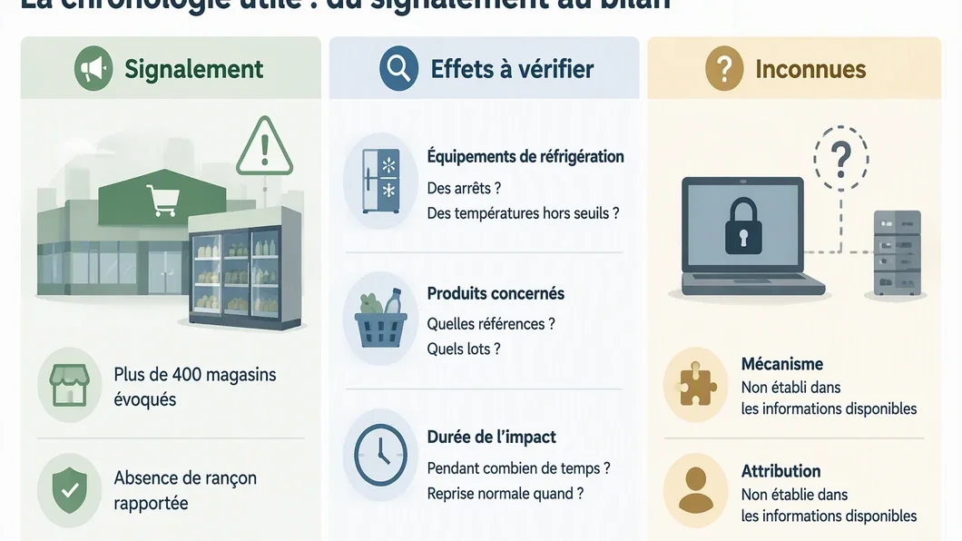 Infographie distinguant le signalement rapporté, les effets à vérifier et les inconnues d’un incident de réfrigération en magasin.