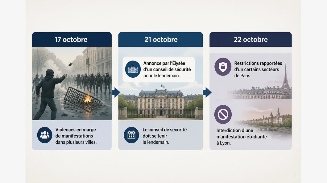 Chronologie en trois étapes des violences du 17 octobre, de l’annonce d’un conseil de sécurité le 21 et des mesures rapportées le 22.