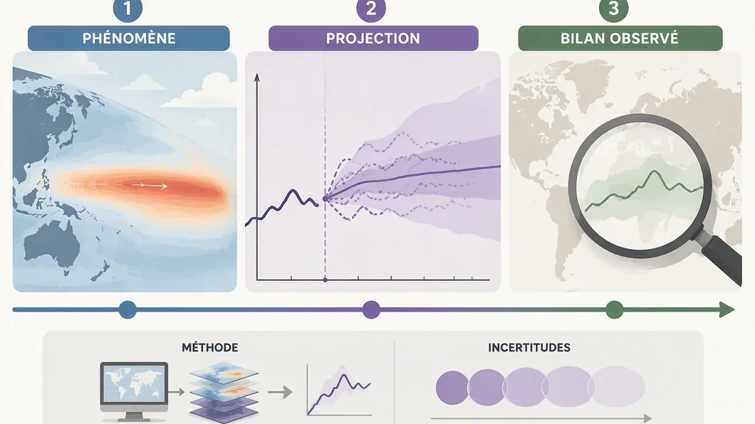 Infographie distinguant phénomène climatique, projection de risque et bilan de victimes observé