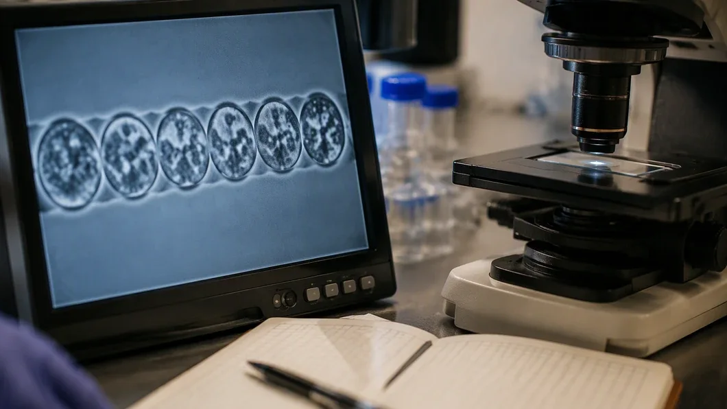Écran de microscope et matériel de laboratoire autour d’une observation biologique