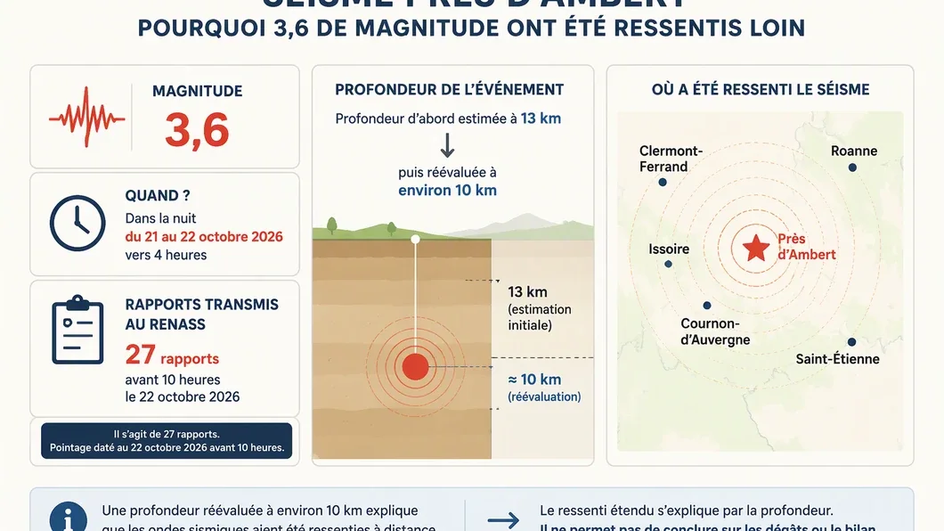 Infographie récapitulant la magnitude, la profondeur réévaluée, l’heure et les rapports transmis après le séisme près d’Ambert.