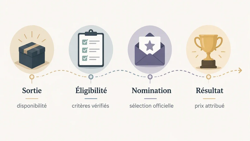 Infographie distinguant la sortie d’un jeu, son éligibilité, sa nomination et l’attribution d’un prix.
