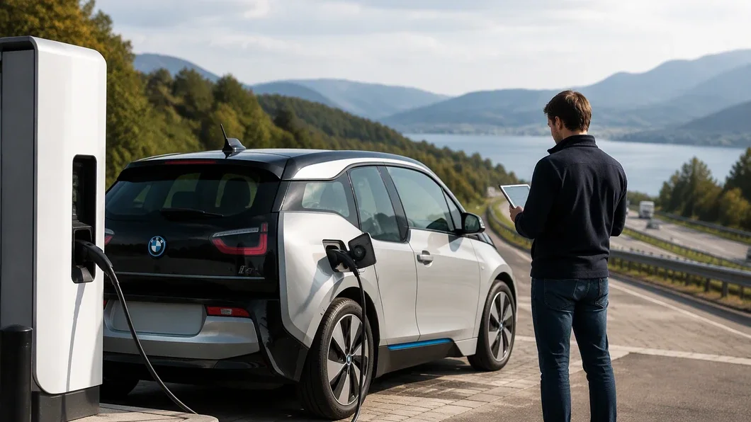 BMW i3 électrique près d’une borne de recharge sur une aire de trajet