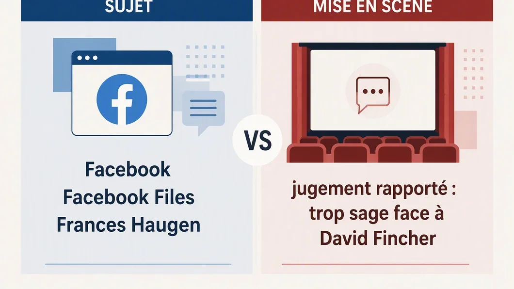 Infographie séparant le sujet de The Social Reckoning — Facebook, les Facebook Files et Frances Haugen — de la réserve rapportée sur sa mise en scène.