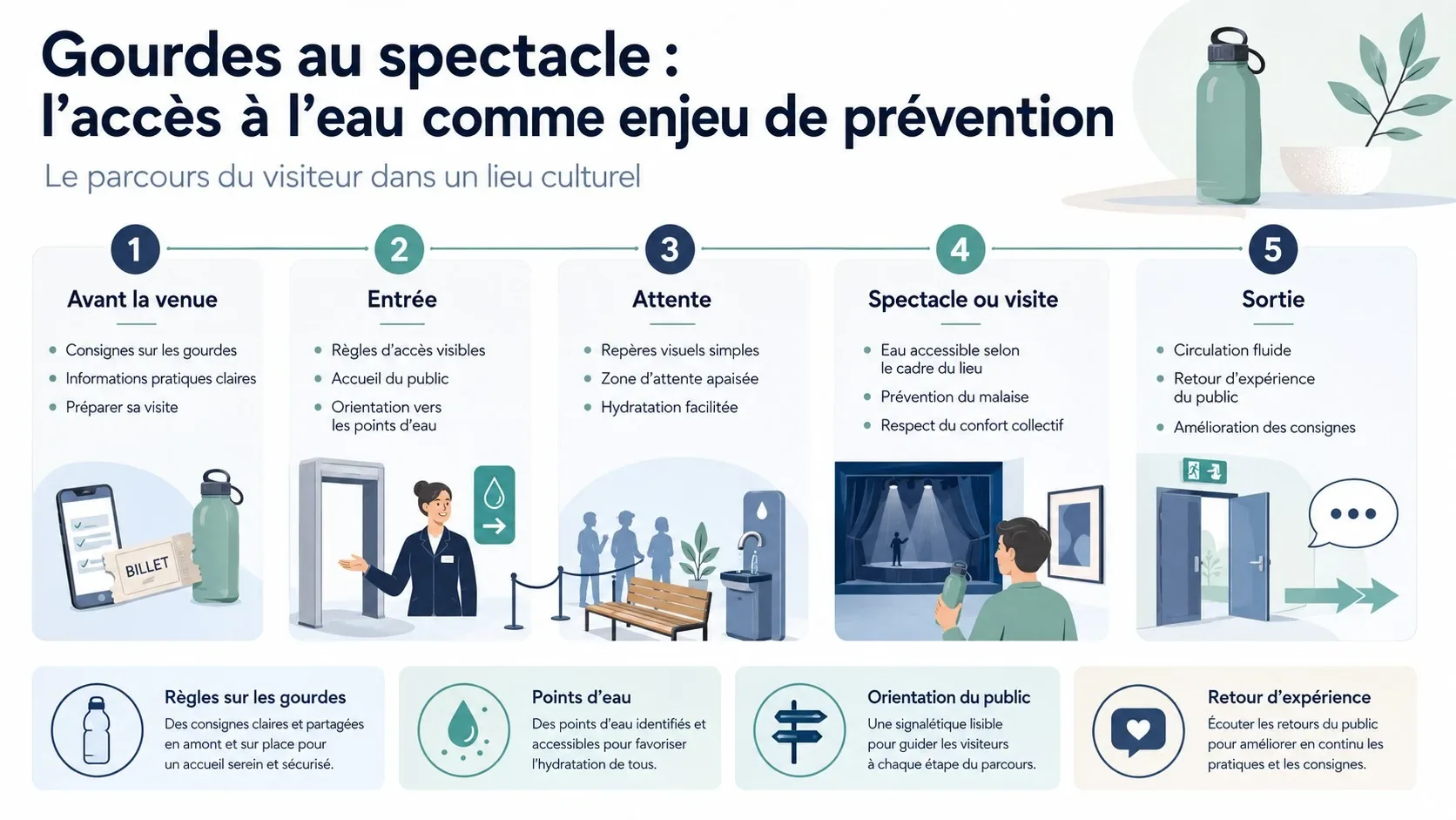 Infographie sur le parcours d’accès à l’eau dans un lieu culturel.