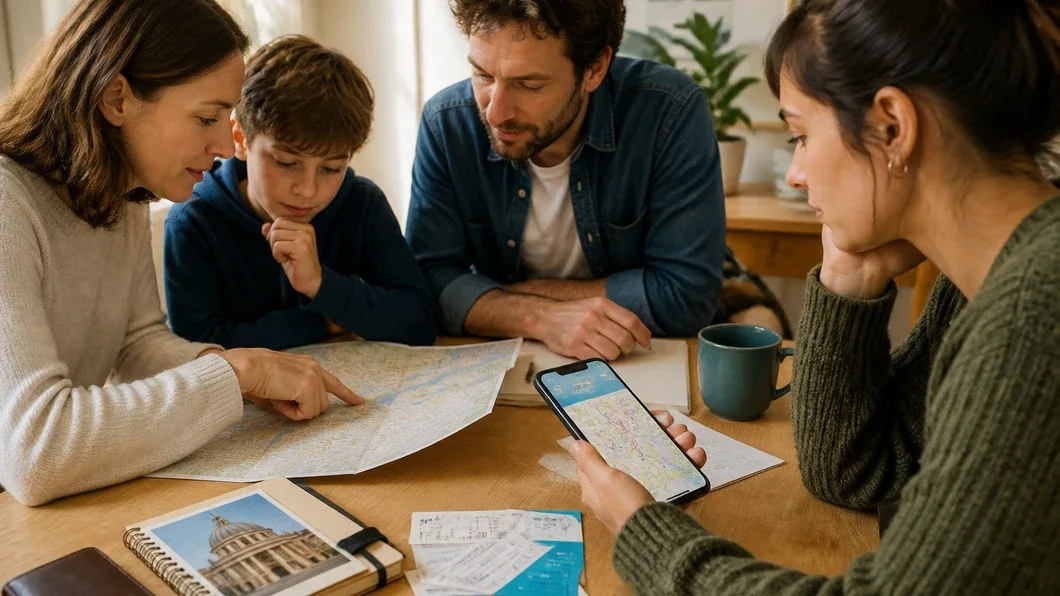 Une famille prépare des visites patrimoniales en comparant son budget et ses trajets