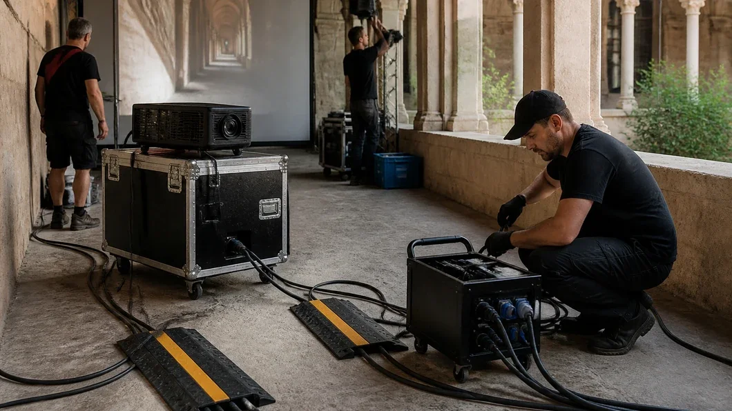 Équipe technique vérifiant une batterie avant une projection culturelle