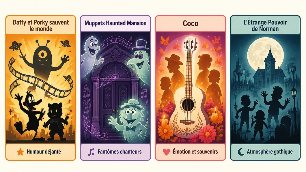Infographie comparant les ambiances comiques, fantastiques, familiales et gothiques de quatre films cités.